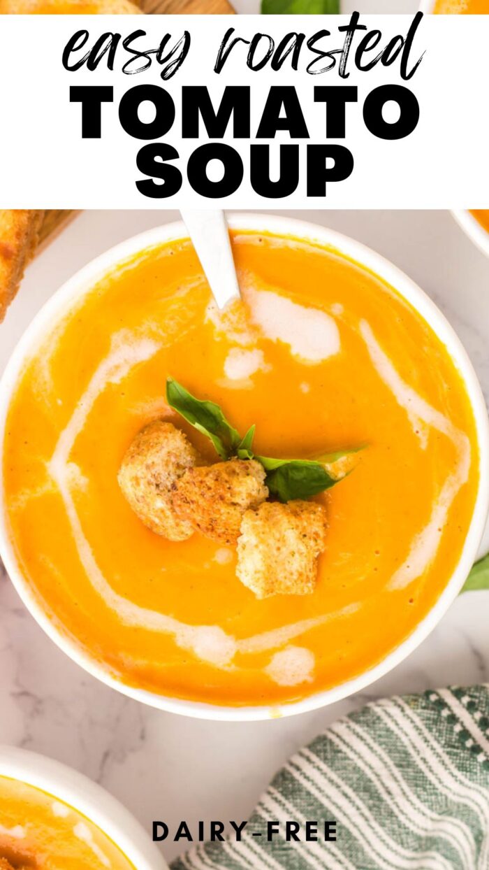 Pinterest graphic for vegan roasted tomato soup with images of the soup and a stylized text title.