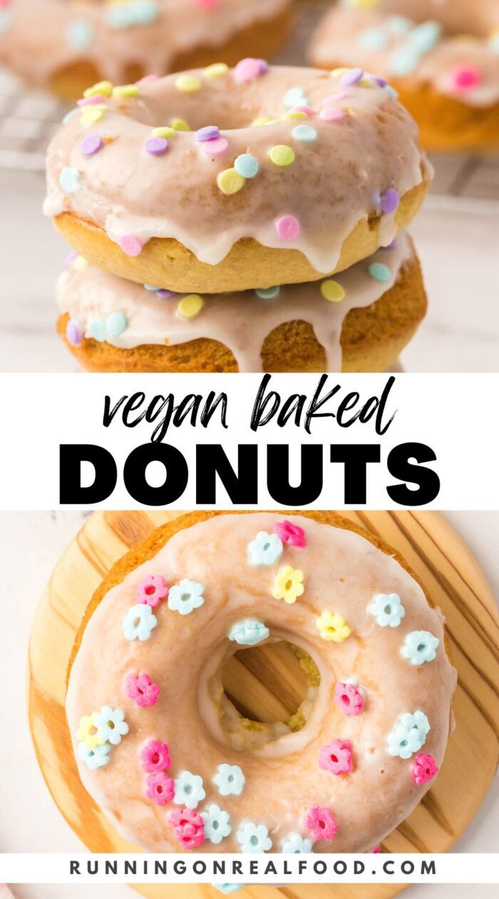 Pinterest graphic for a vegan baked donut recipe with 2 images of the donuts and a text stylized title.