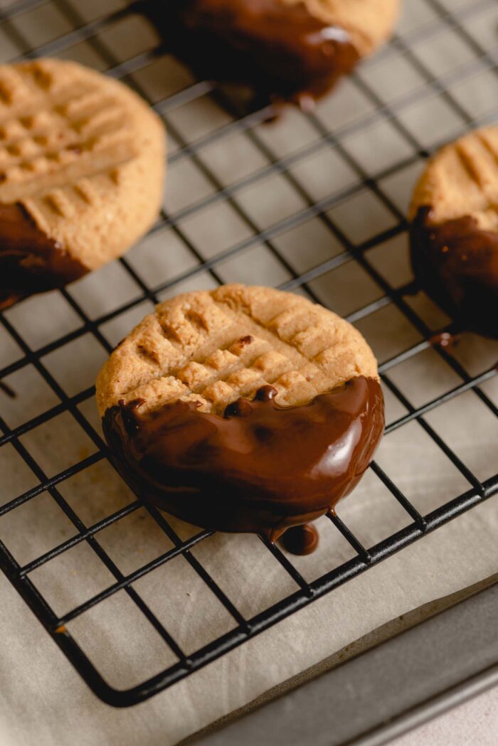A peanut butter cookie that's dipped in chocolate covering half of the cookie.