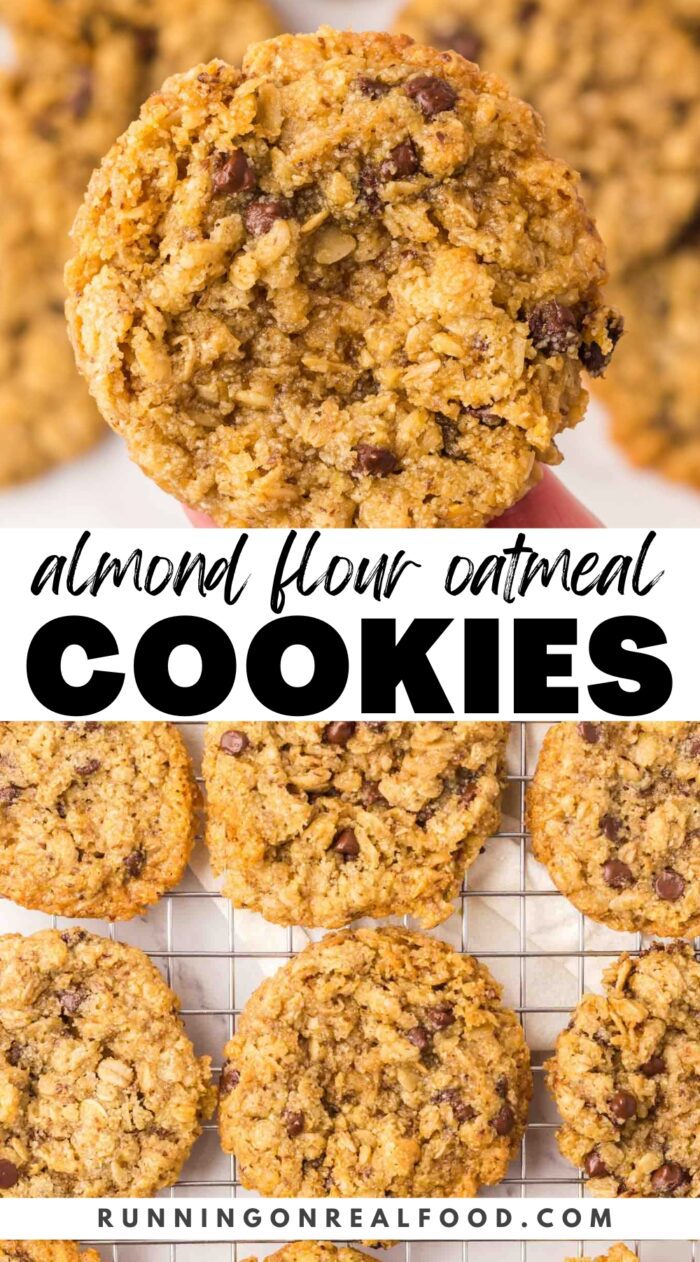 Pinterest graphic for an almond flour oatmeal cookie recipe with images of the cookies and a stylized text title.
