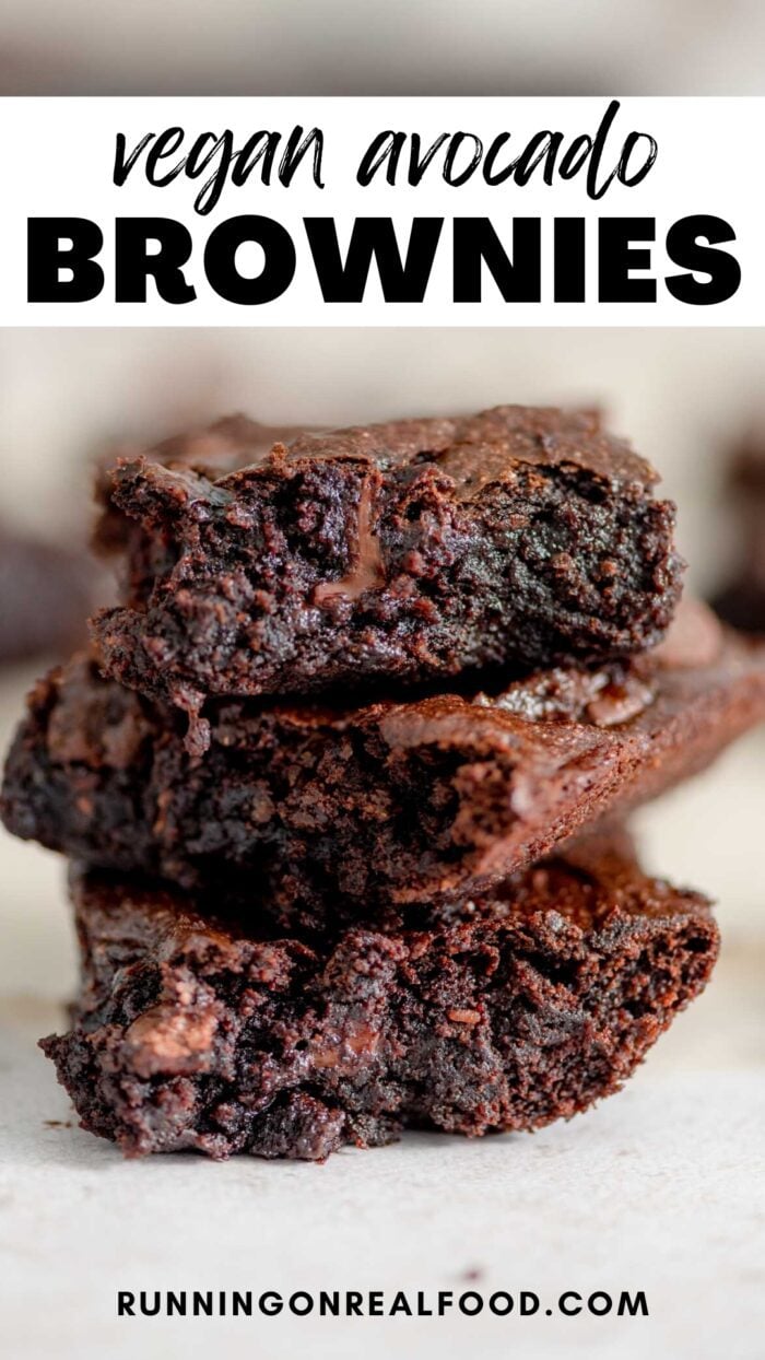 Pinterest graphic for vegan avocado brownies with an image of the brownies and a stylized text title.
