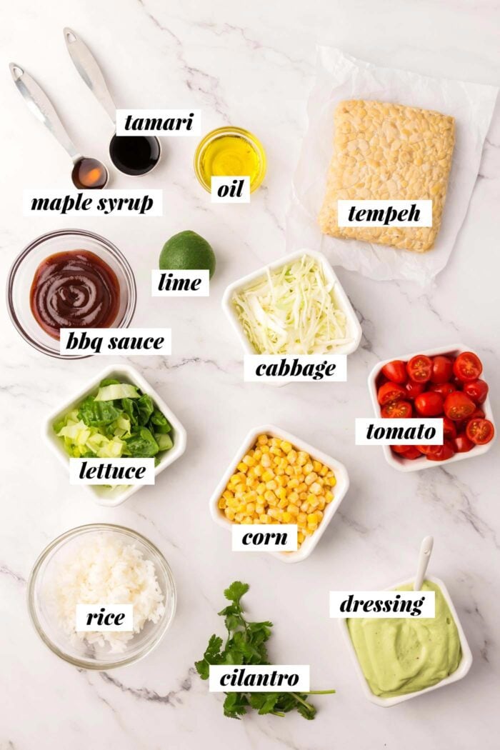 All the ingredients needed for a BBQ tempeh bowl with rice, tomato, corn and avocado dressing. Each ingredient is labelled with text.