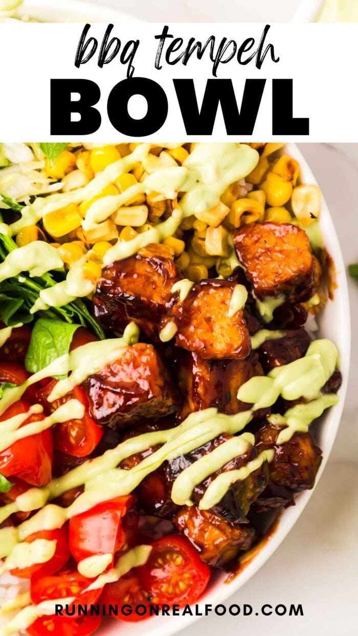 Pinterest graphic for a bbq tempeh bowl with an image of the bowl and stylized text title.