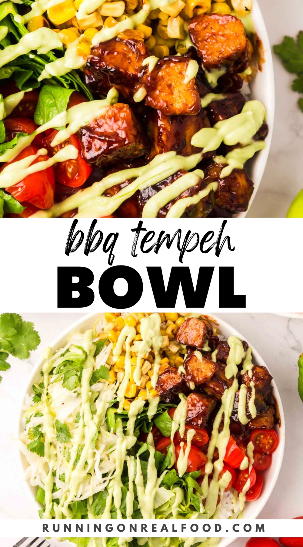 Pinterest graphic for a bbq tempeh bowl with an image of the bowl and stylized text title.