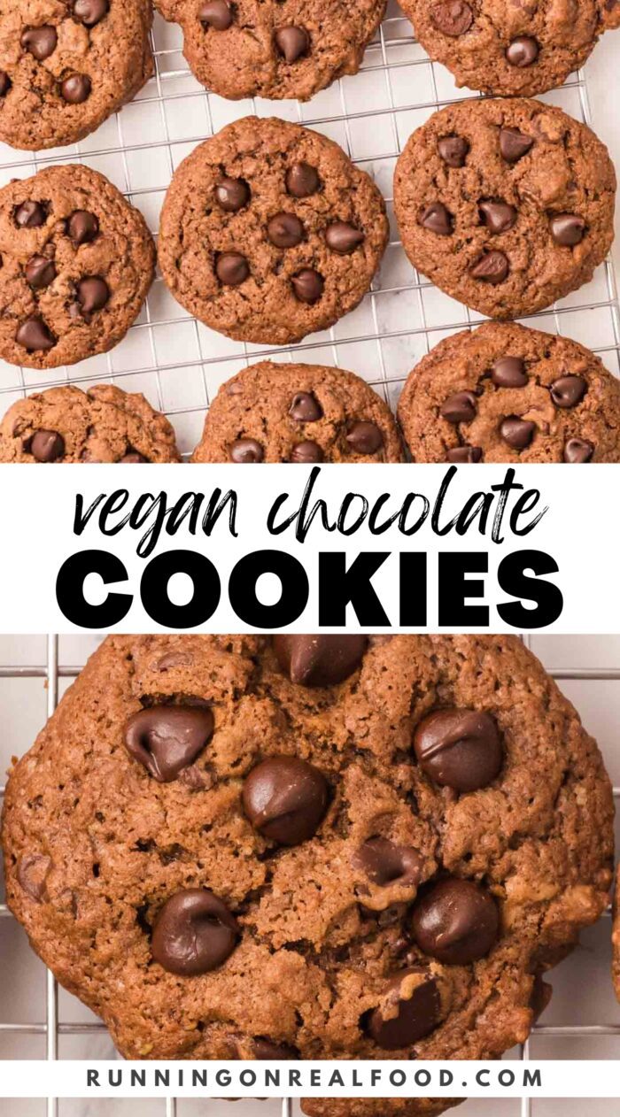 Pinterest graphic for vegan double chocolate cookies recipe with images of the cookies and a stylized text title.