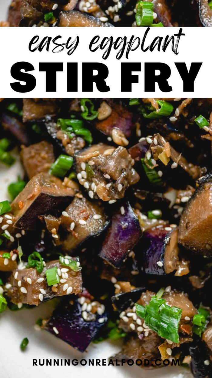 Pinterest graphic for an eggplant stir fry with an image of eggplant stir fry and a stylized text title.
