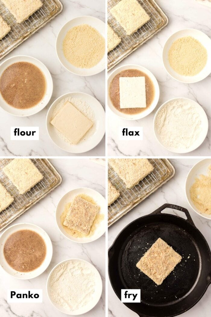 Collage showing how to dredge slabs of tofu in flour and Panko to prepare it for frying.