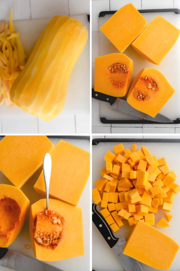 Collage showing how to peel and cube a butternut squash.