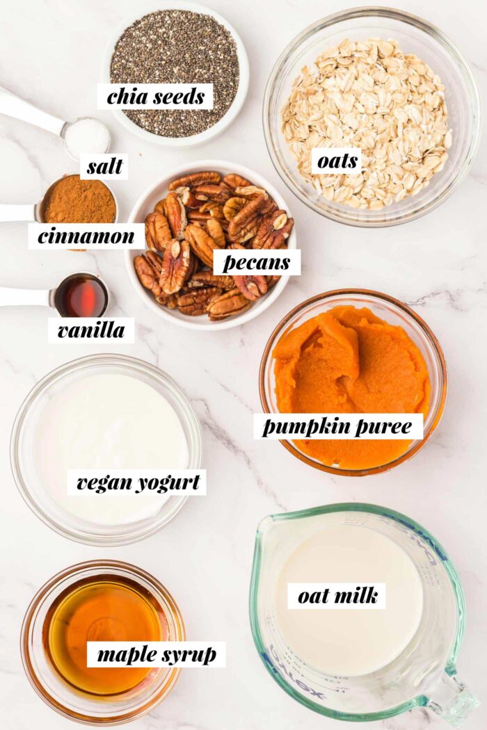 All the ingredients needed for making a pumpkin pie overnight oatmeal recipe.