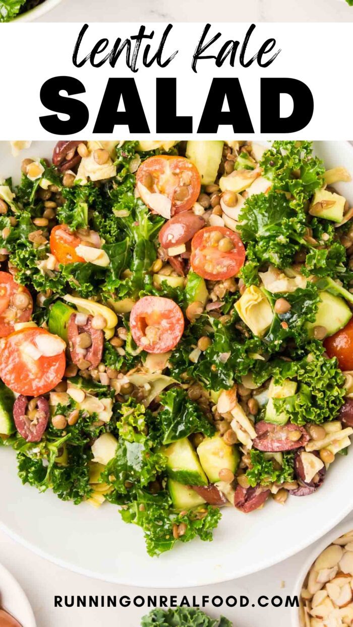Pinterest graphic for a lentil kale salad recipe with an image of the salad and a stylized text title.