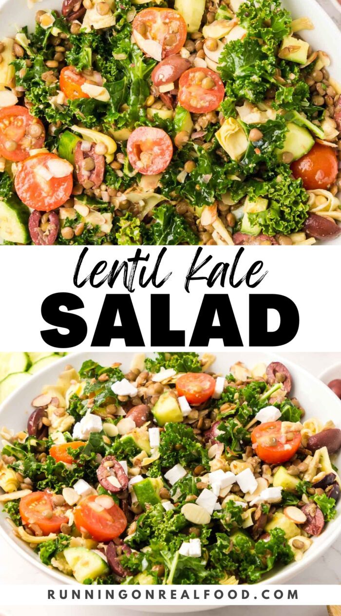 Pinterest graphic for a lentil kale salad recipe with two images of the salad and a text title.