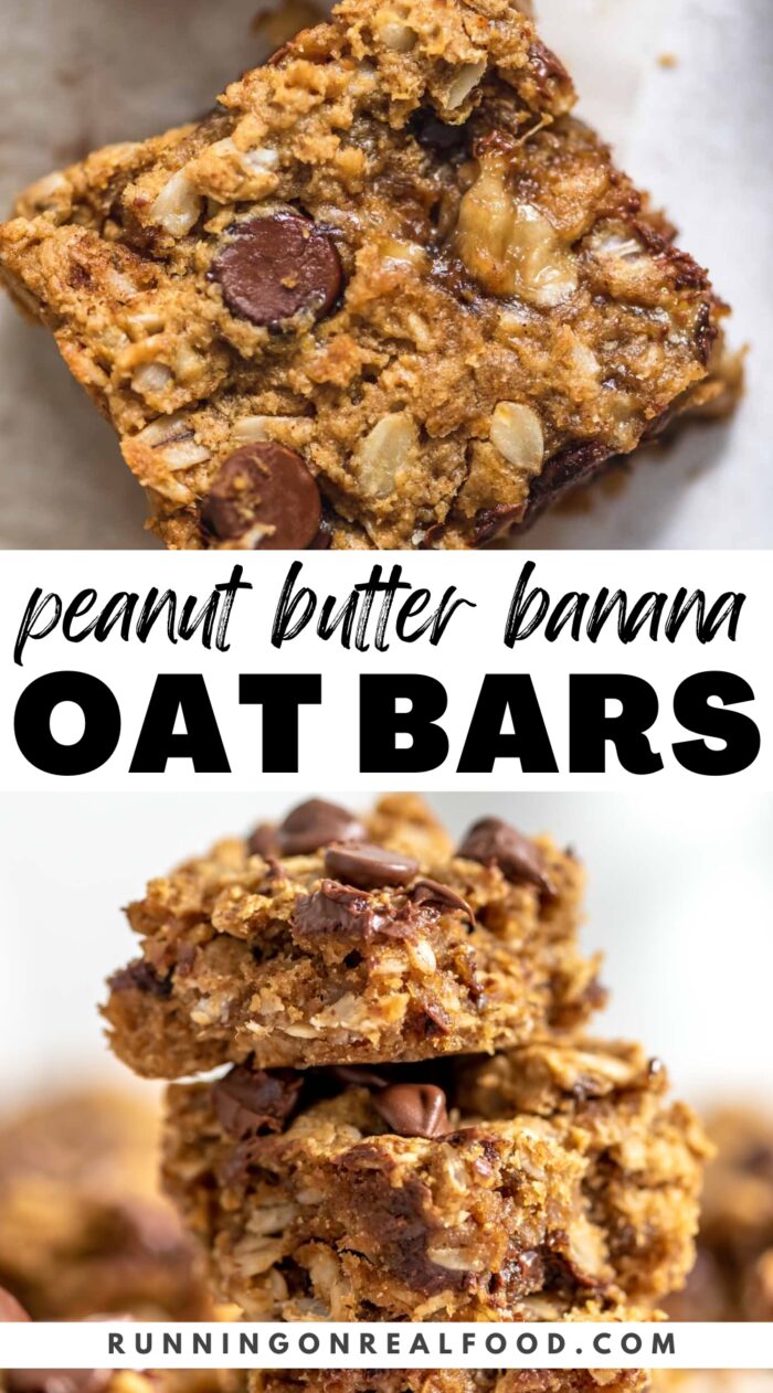 Pinterest graphic for peanut butter banana oatmeal bars with chocolate chips with an image of the bars and a text title.