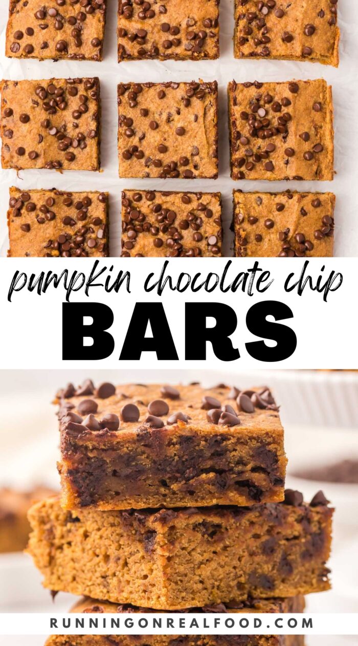 Pinterest graphic for pumpkin chocolate chip cookies with images of the cookies and a stylized text title.