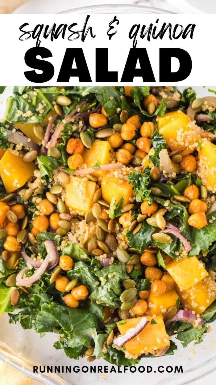 Pinterest graphic for a butternut squash quinoa salad recipe with images of the salad and a text title.