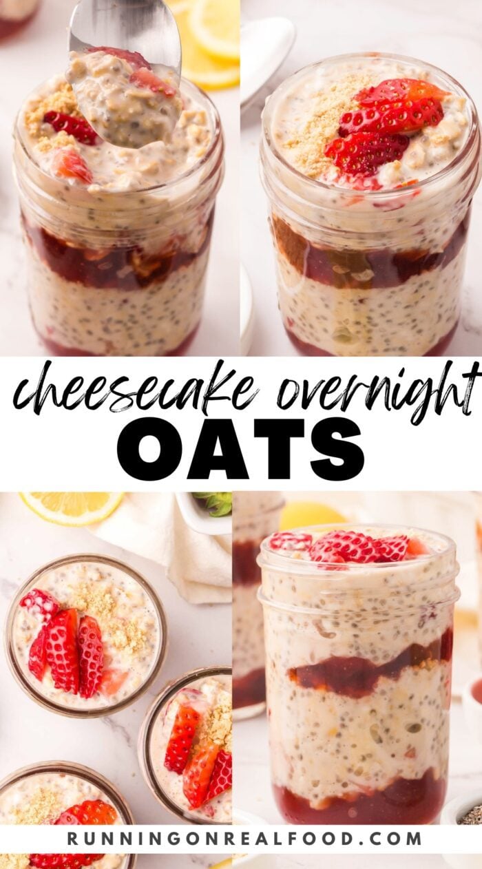 Pinterest graphic for strawberry cheesecake overnight oats with images of the oats in a jar and a stylized text title.