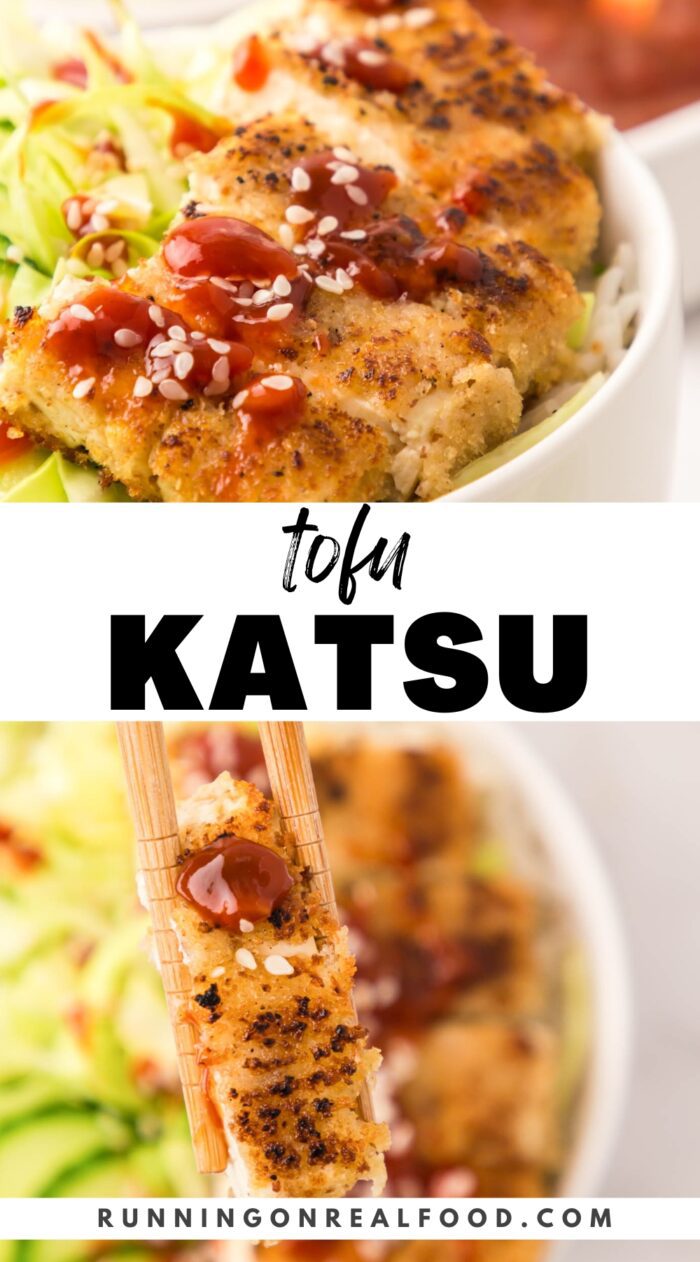 Pinterest graphic for a tofu katsu recipe with images of the tofu katsu and a stylized text title.