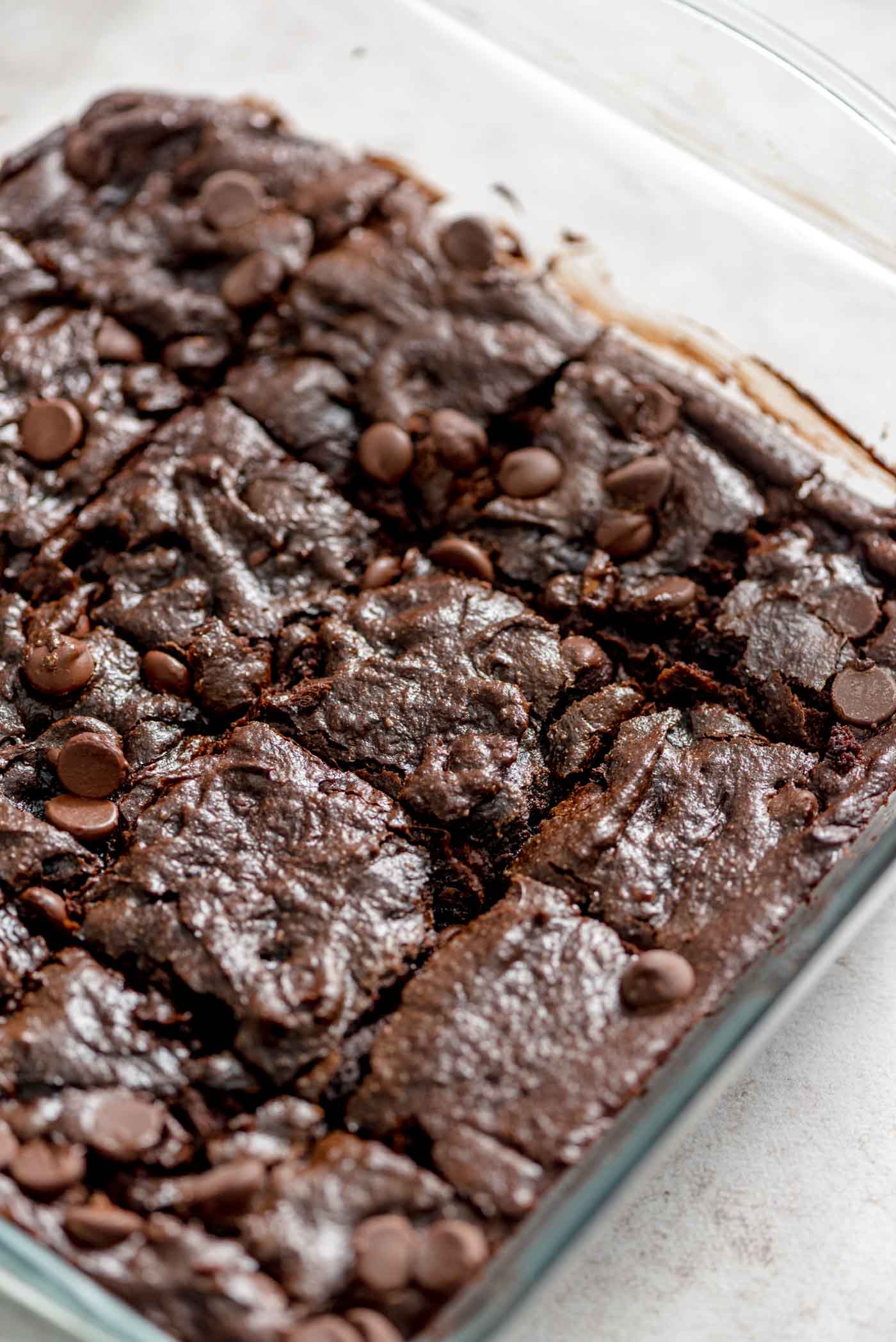 A pan of avocado brownies with chocolate chips cut into 16 squares.