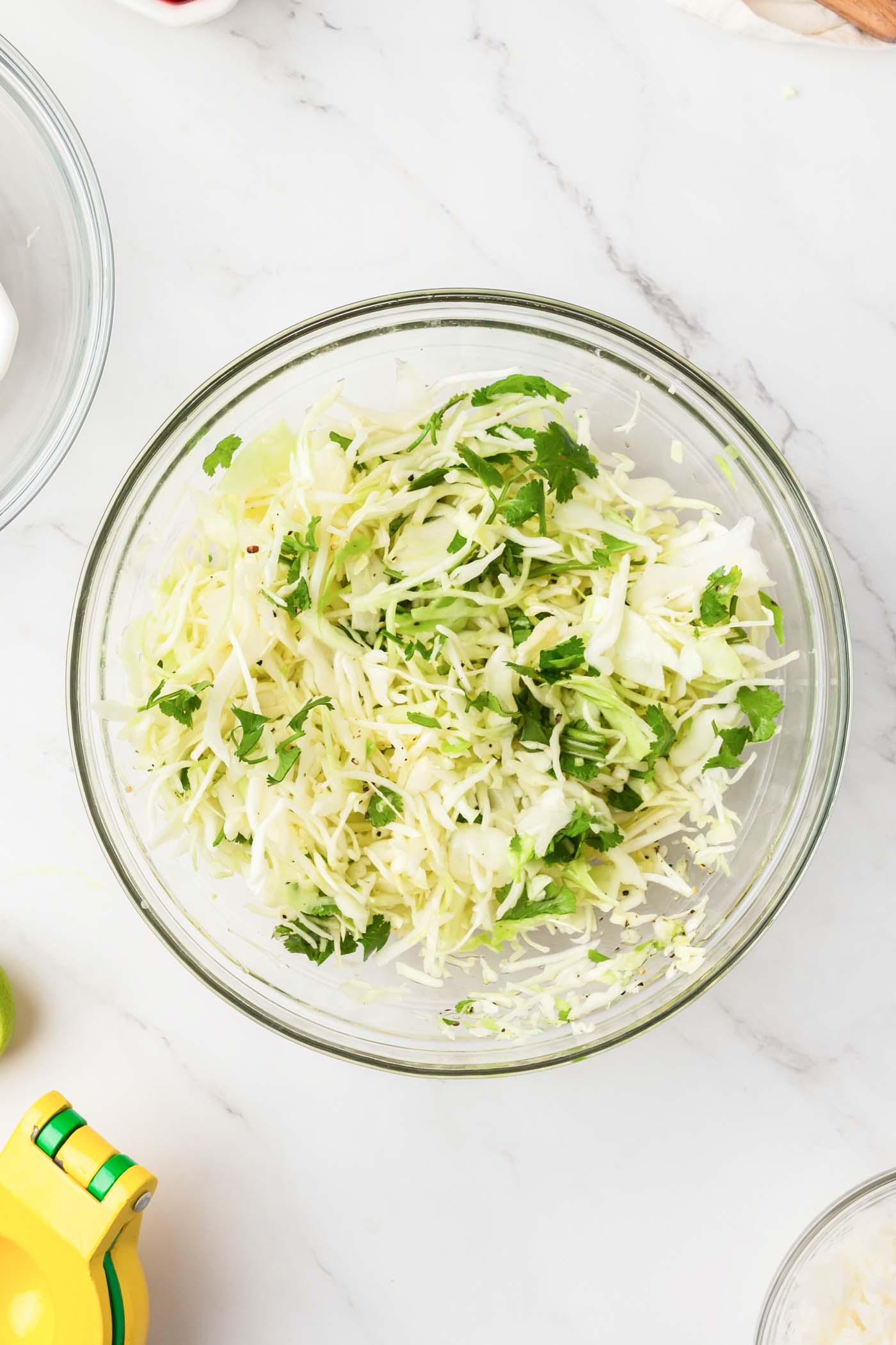 Blend cabbage with cilantro in a glass mixing bowl.