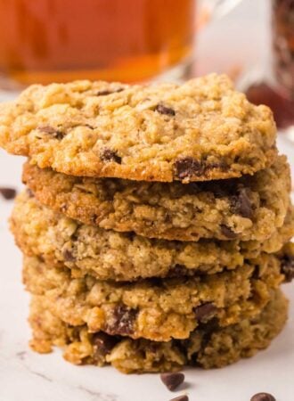 A stack of 5 oatmeal chocolate chips cookies.