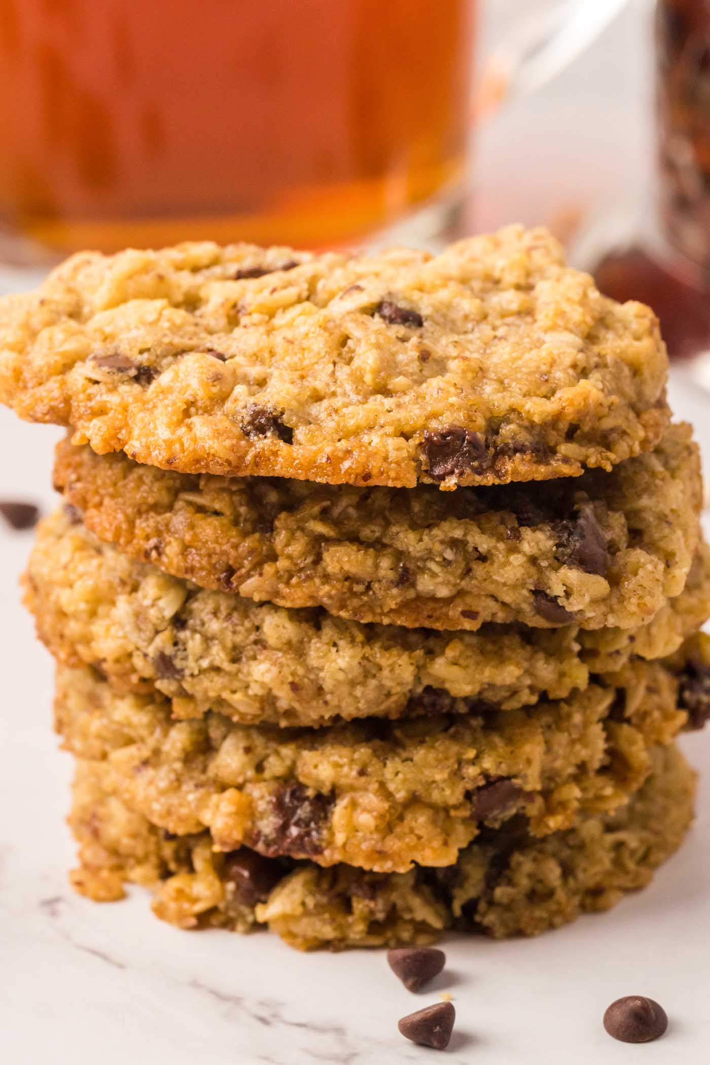 A stack of 5 oatmeal chocolate chips cookies.