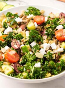 A large bowl of a kale salad with lentils, cucumber, feta, tomato and olives.