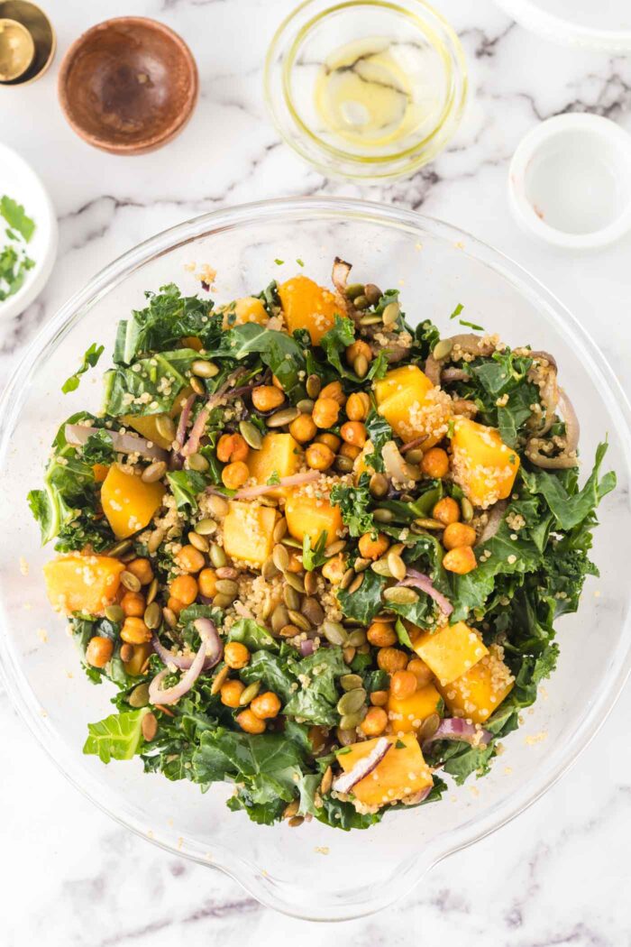Kale salad with quinoa, red onion, butternut squash, chickpeas and red onion.