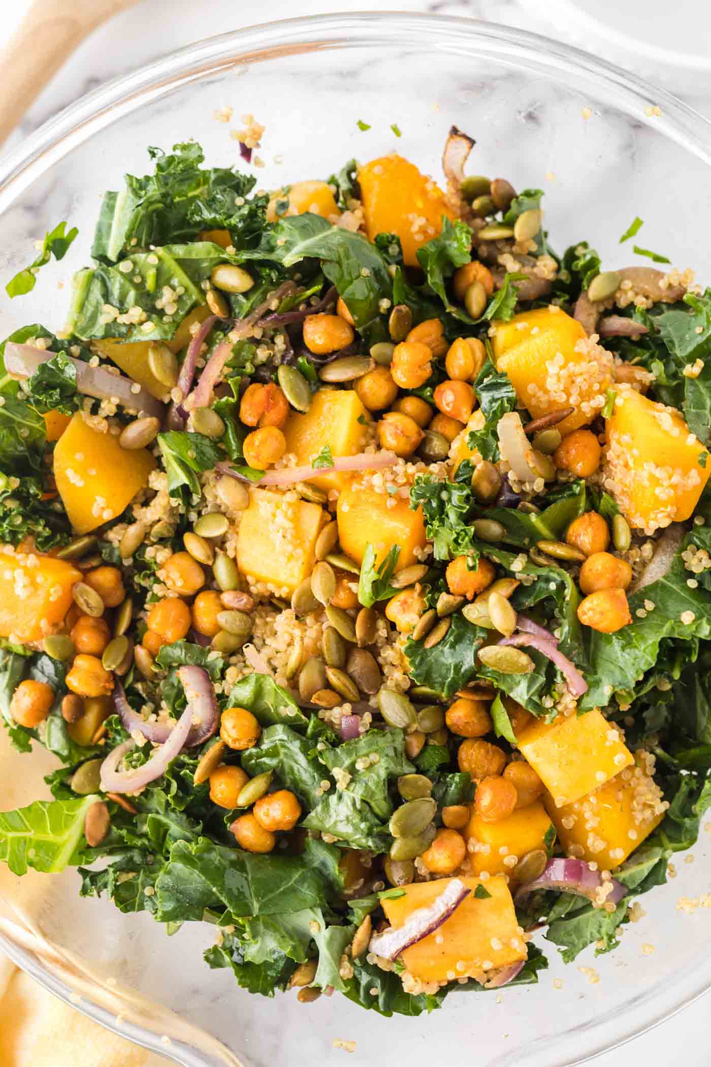 Close up overhead view of a bowl of kale quinoa salad with butternut squash, chickpeas, red onion and pepitas.