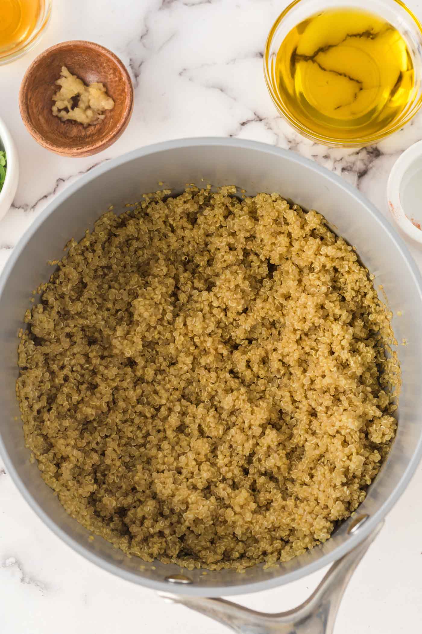 Cooked quinoa in a pot.