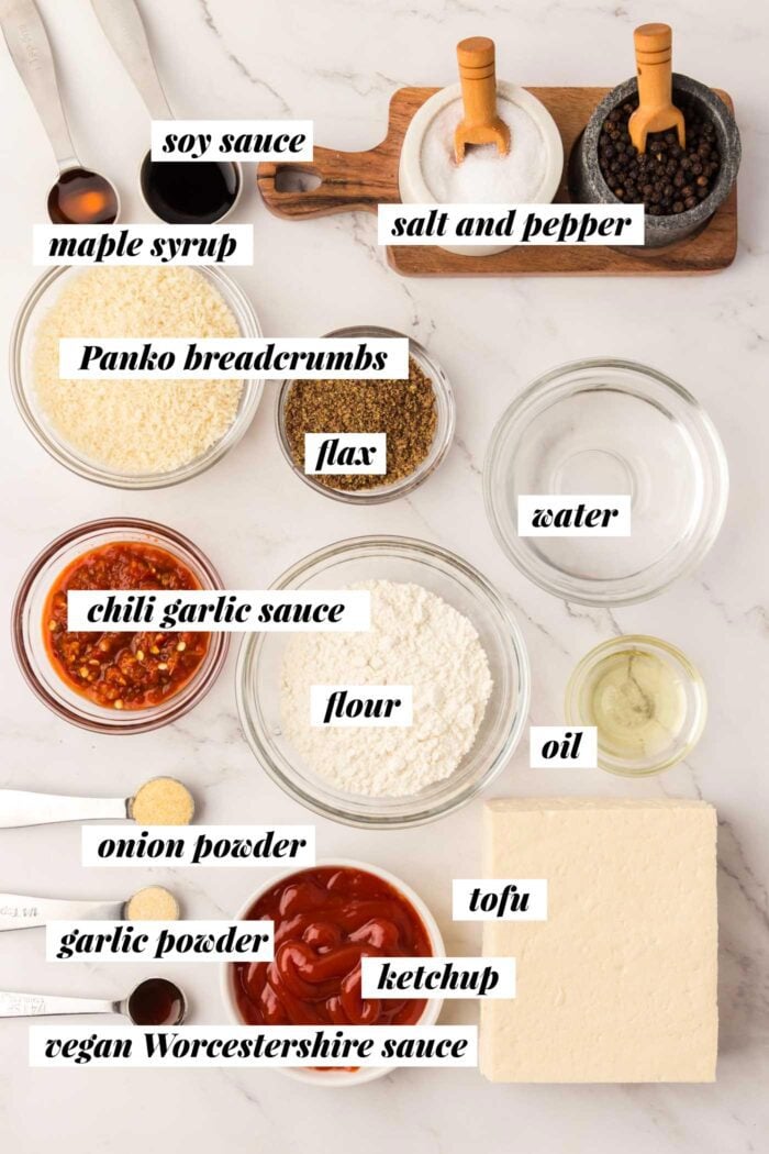 All the ingredients needed for making a tofu katsu recipe with homemade tonkatsu sauce. Each ingredient is labelled with text.