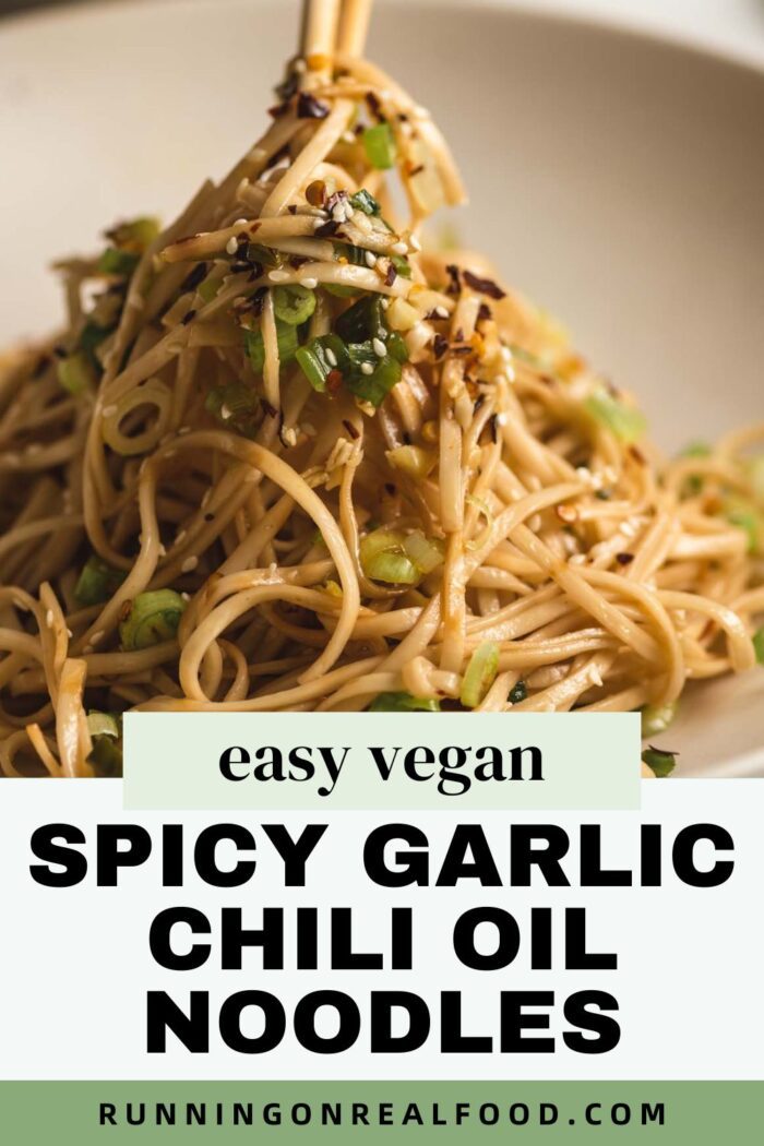 A graphic for a garlic chili oil noodles with an image of the recipe and a text title.