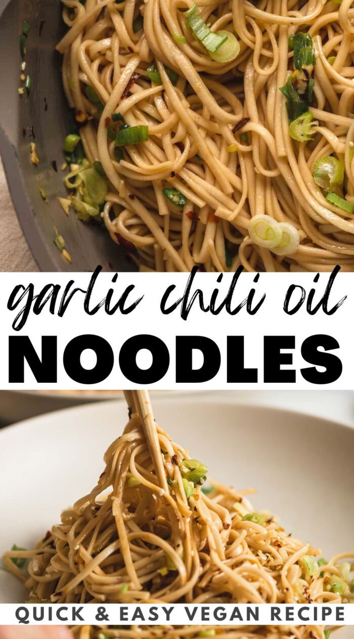A graphic for a garlic chili oil noodles with two images of the recipe and a text title.