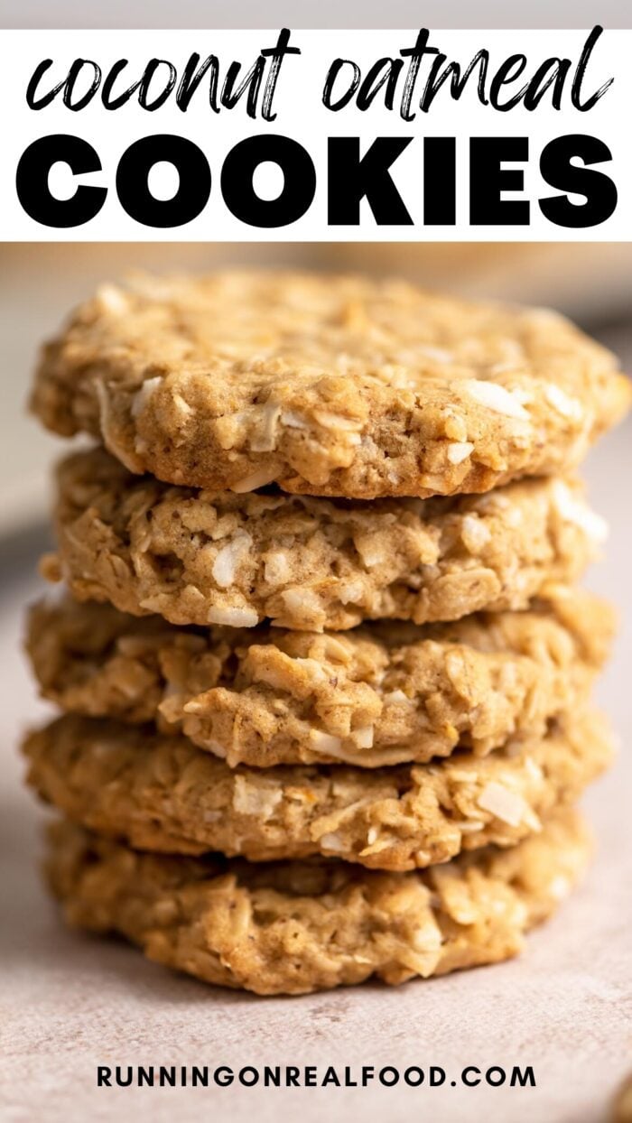 Pinterest graphic for Coconut Oatmeal Cookies with an image of cookies and a stylized text title.
