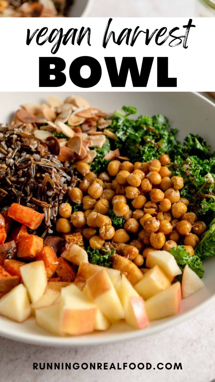 Pinterest graphic for vegan harvest bowls with an image of the bowl and a stylized text title.
