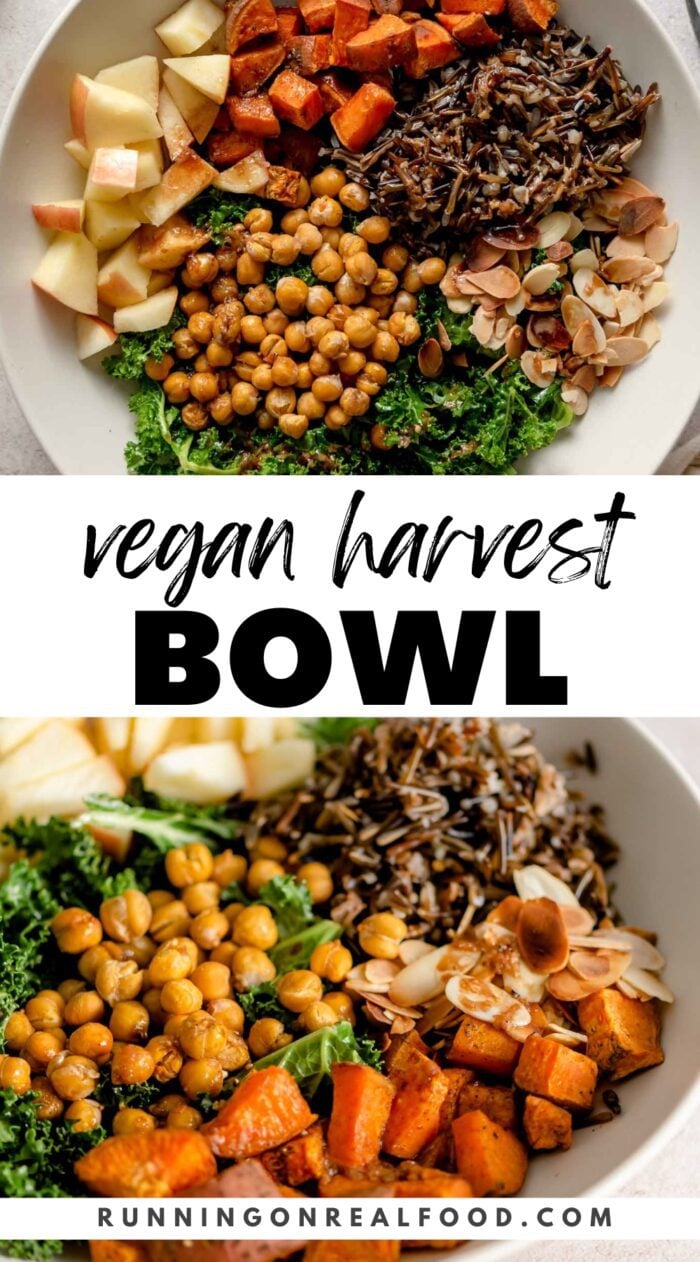 Pinterest graphic for vegan harvest bowls with images of the bowl and a stylized text title.
