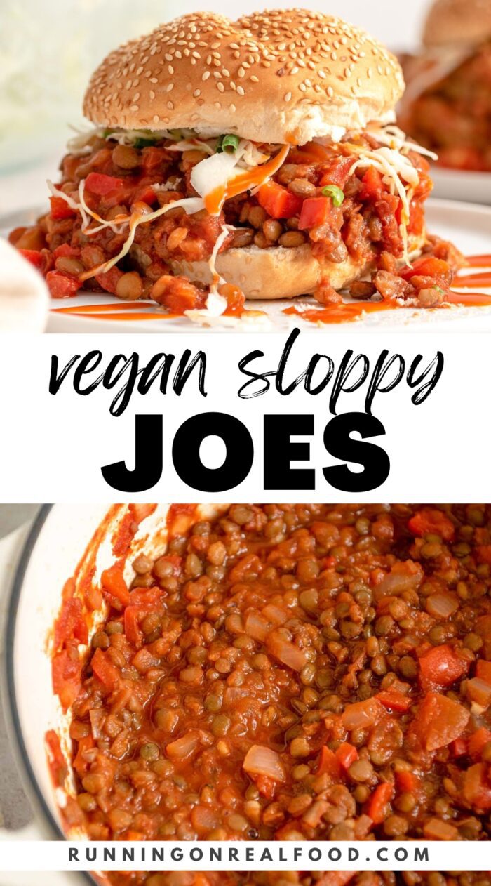 Pinterest graphic for vegan lentil sloppy joes with two images of the recipe and a text title.