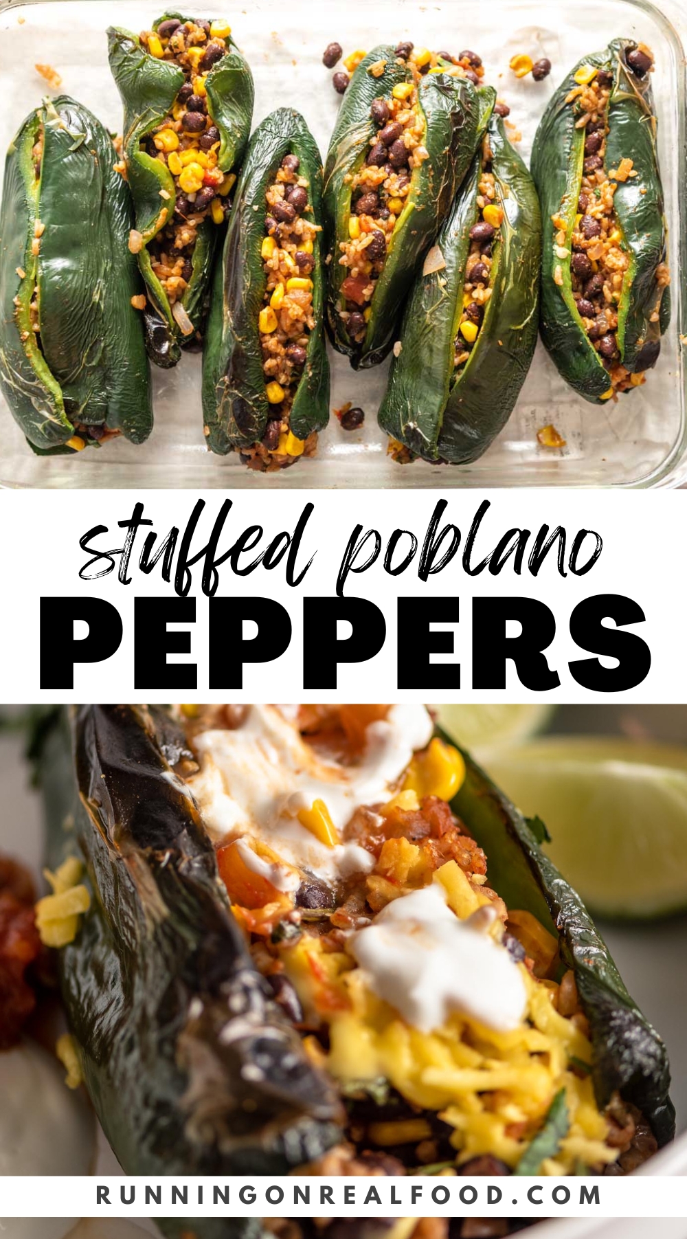 Pinterest graphic for vegan stuffed poblano peppers with 2 images and a stylized text title.