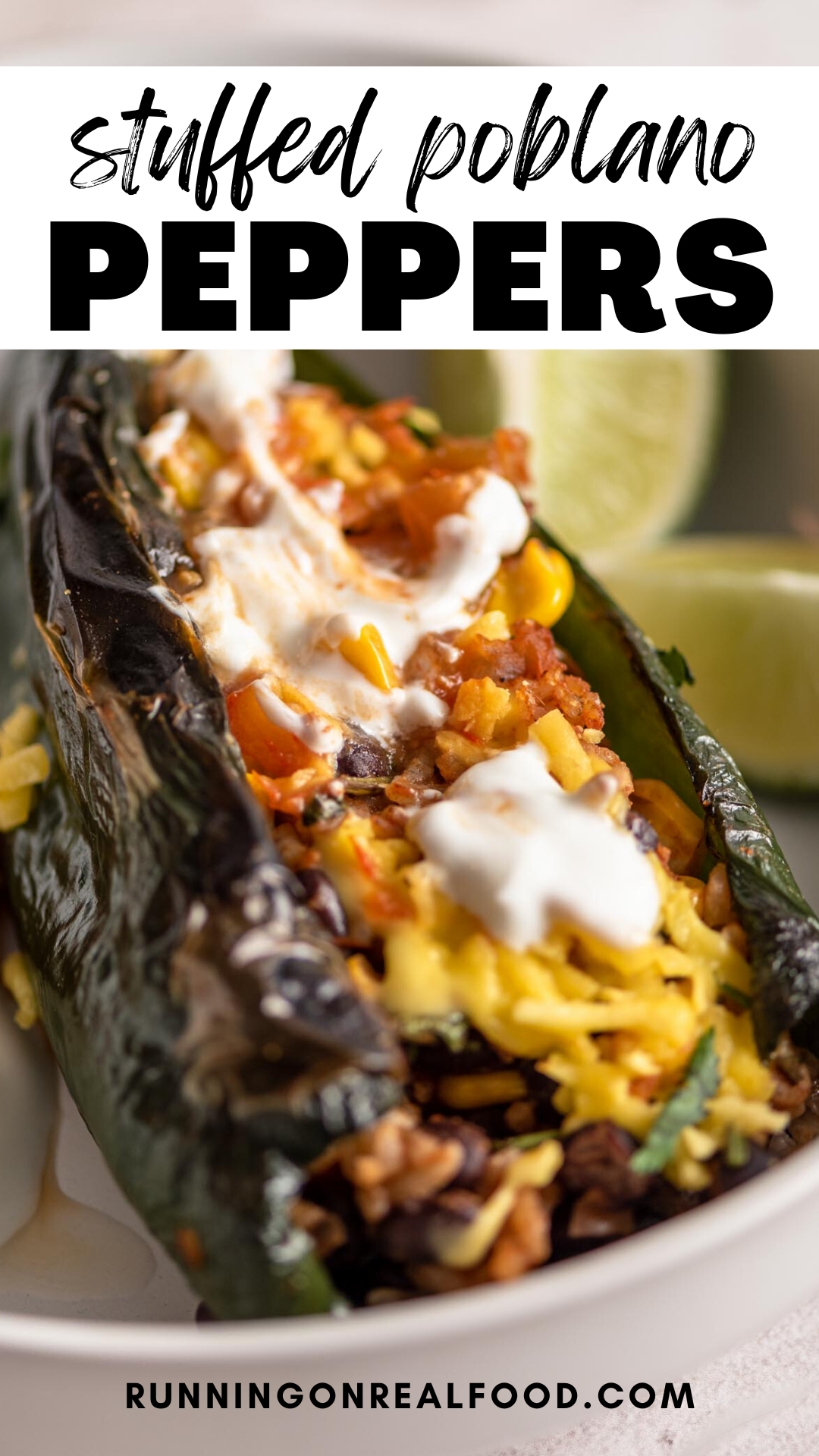 Pinterest graphic for vegan stuffed poblano peppers with an image and a stylized text title.