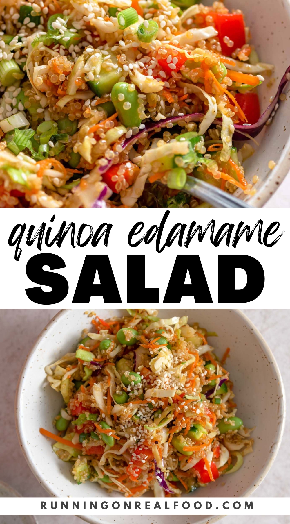 Pinterest graphic for an edamame quinoa salad with two images of the salad and stylized text title.