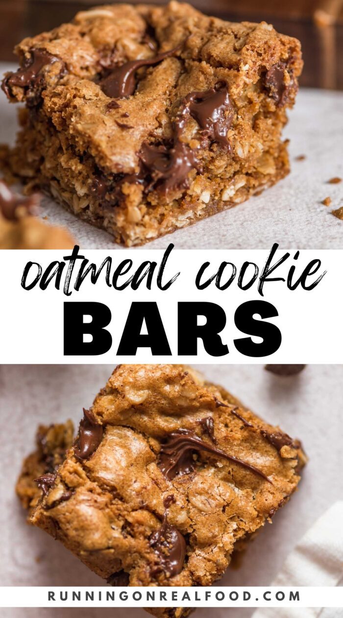 Pinterest graphic for oatmeal cookie bars with an image of the bars and a stylized text title.