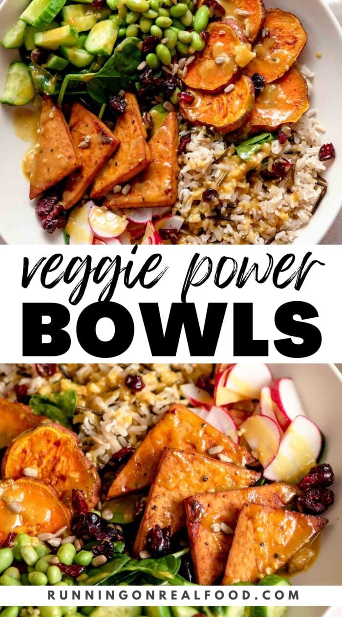 Pinterest graphic for a veggie power bowls recipe with text and an image of the bowls.