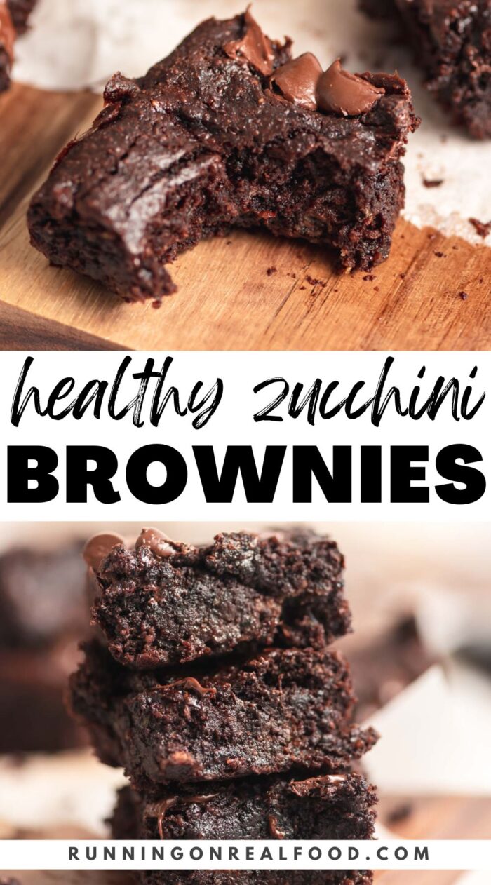 Pinterest graphic for a healthy vegan zucchini brownie recipe with a text title and images of the brownies.