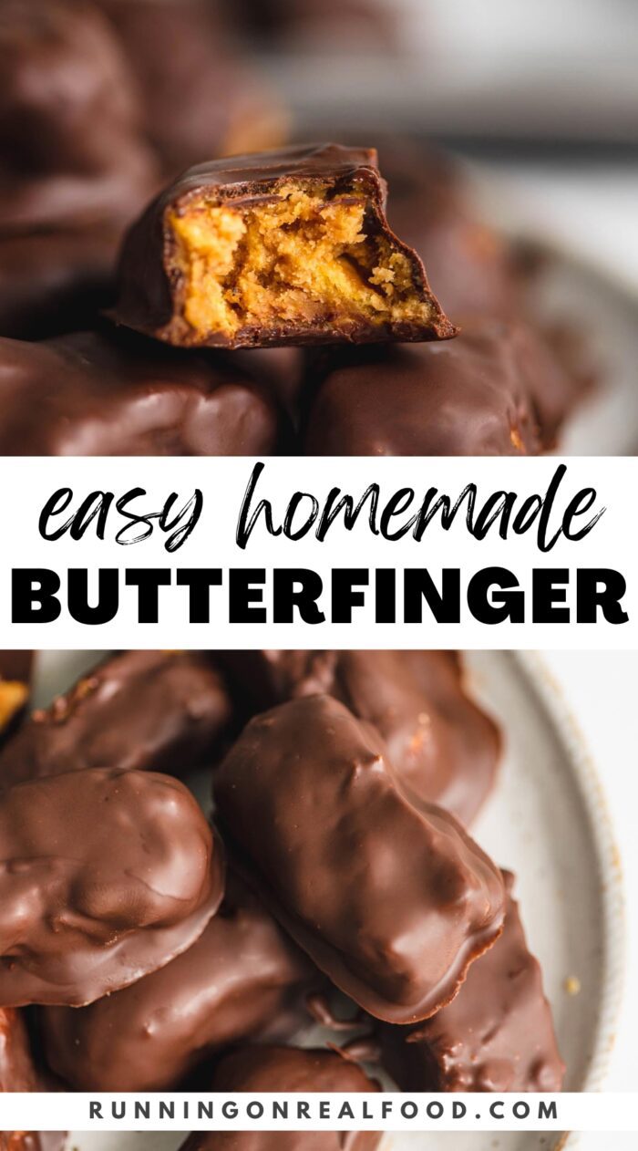Pinterest graphic for a vegan homemade Butterfinger bar recipe with two images of the bars and a stylized text title.