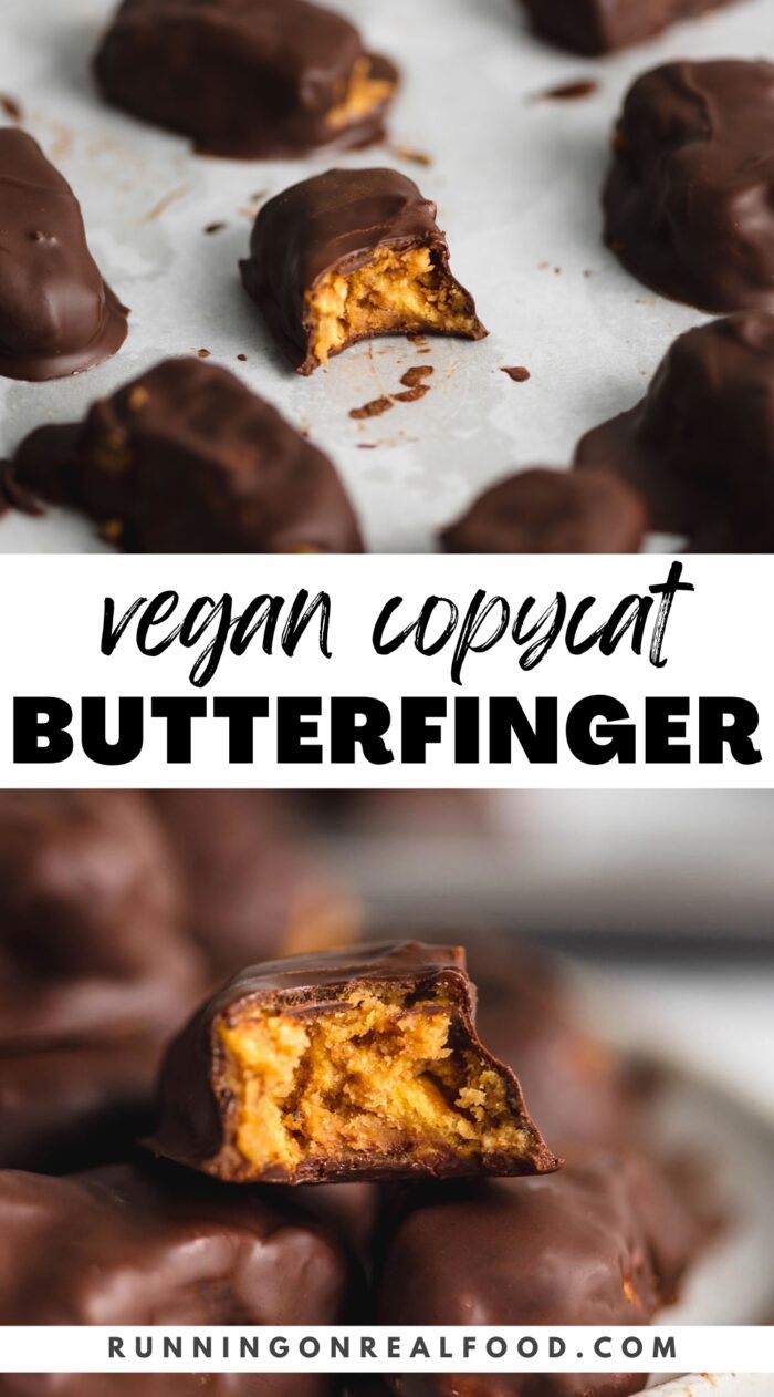 Pinterest graphic for a vegan homemade Butterfinger bar recipe with two images of the bars and a stylized text title.