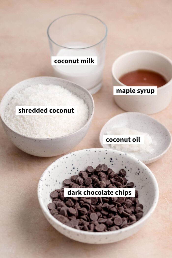 Shredded coconut, chocolate chips, coconut oil, maple syrup and coconut milk in a small bowl and labeled with text overlay.