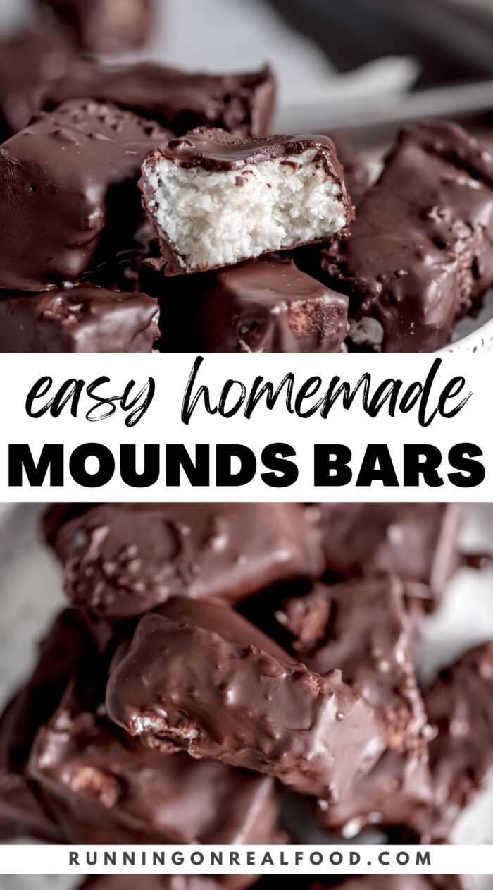 Pinterest graphic for a vegan Mounds bar copycat recipe with images of bars and a text title.
