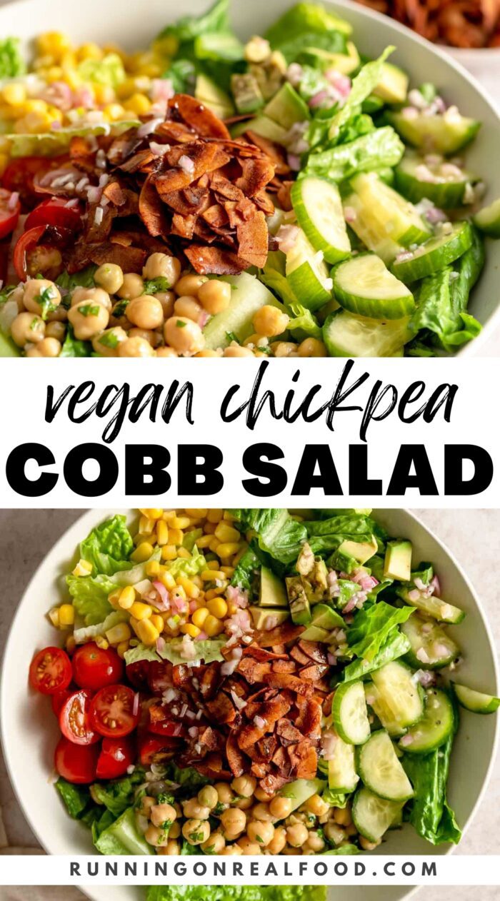 Pinterest graphic for a vegan cobb salad recipe with images of the salad and a text title.