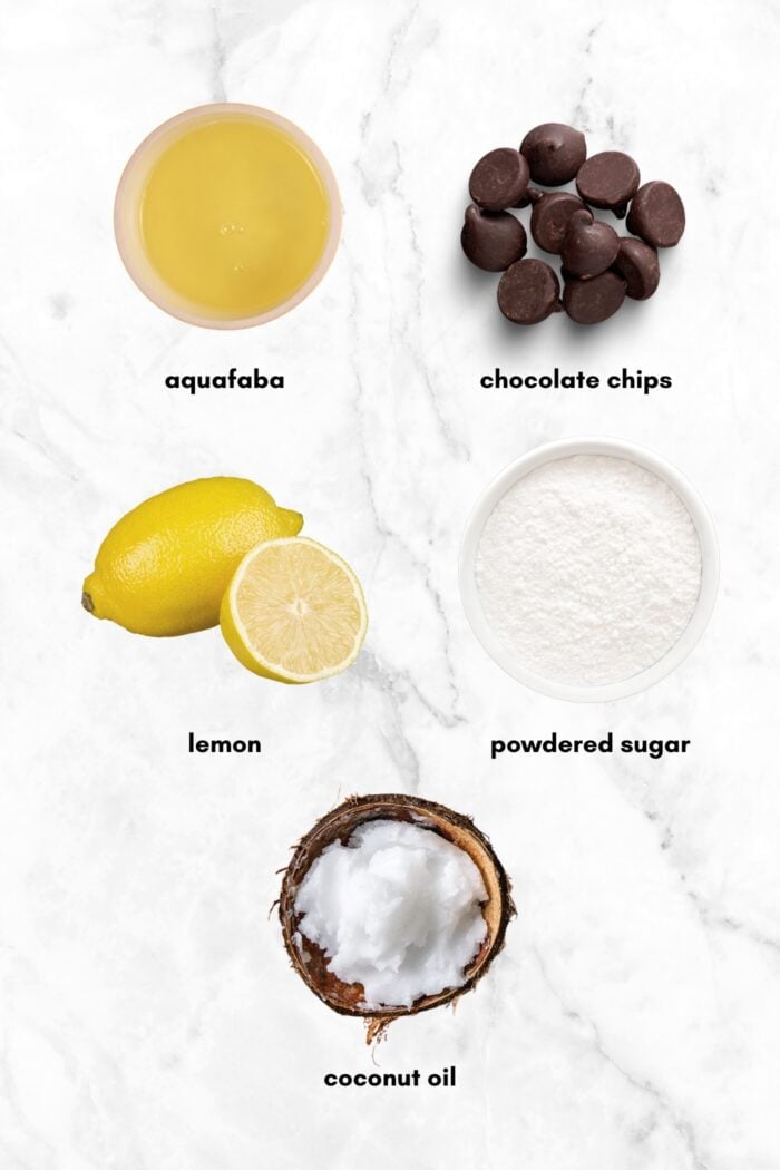 Images of the ingredients needed for making aquafaba chocolate mousse, each labelled with text.