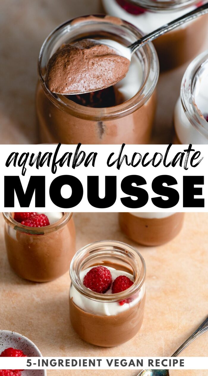 Pinterest graphic for aquafaba chocolate mousse with two images of the mousse in jars and a stylized text title.