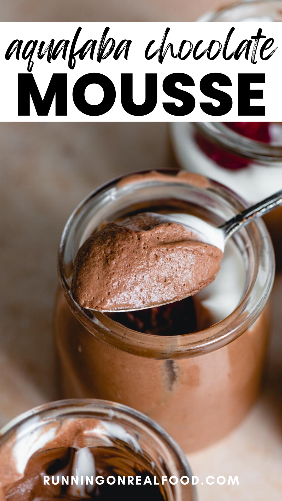 Pinterest graphic for aquafaba chocolate mousse with an image of the mousse in jars and a stylized text title.