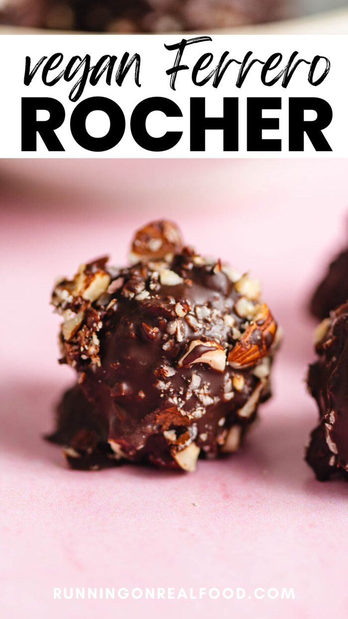 Pinterest graphic for a ferrero rocher recipe with an image of the candy and a stylized text title.
